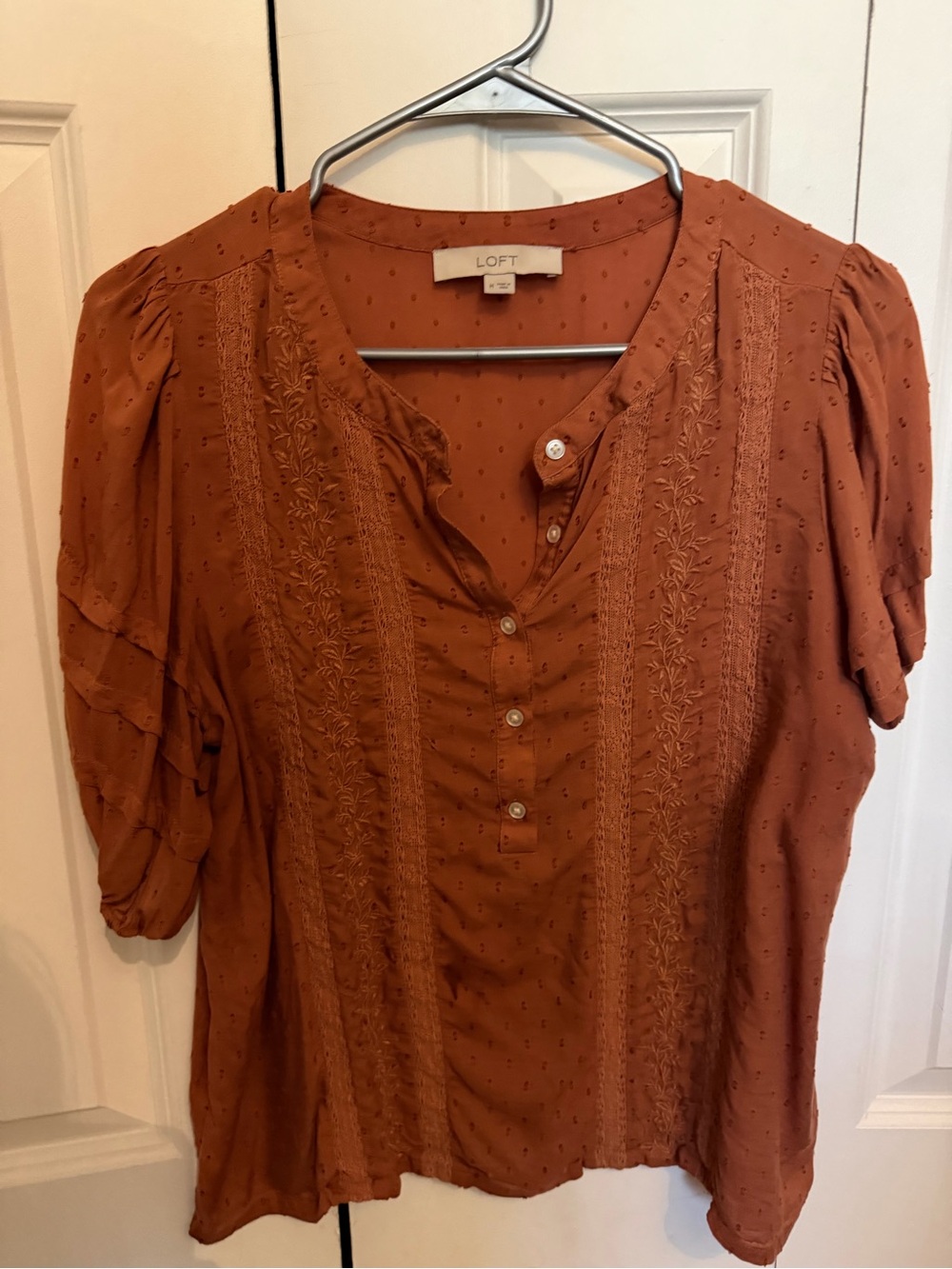 LOFT Burnt Orange Embroidered Button-Up Blouse